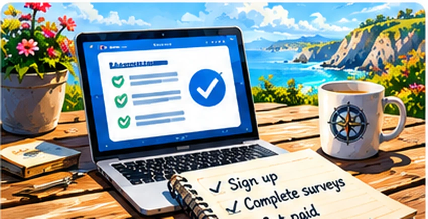 Illustrated laptop and checklist by the coast